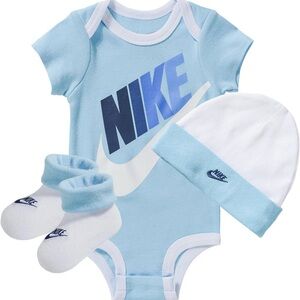 NIB Baby Nike Bodysuit, Hat and Booties 3-PC Box Set Baby Blue White